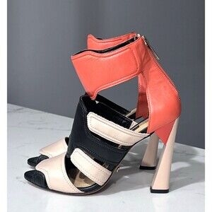 Schutz Sandals Womens 7 Colorblock Leather High Heel Open Toe Black Beige Orange